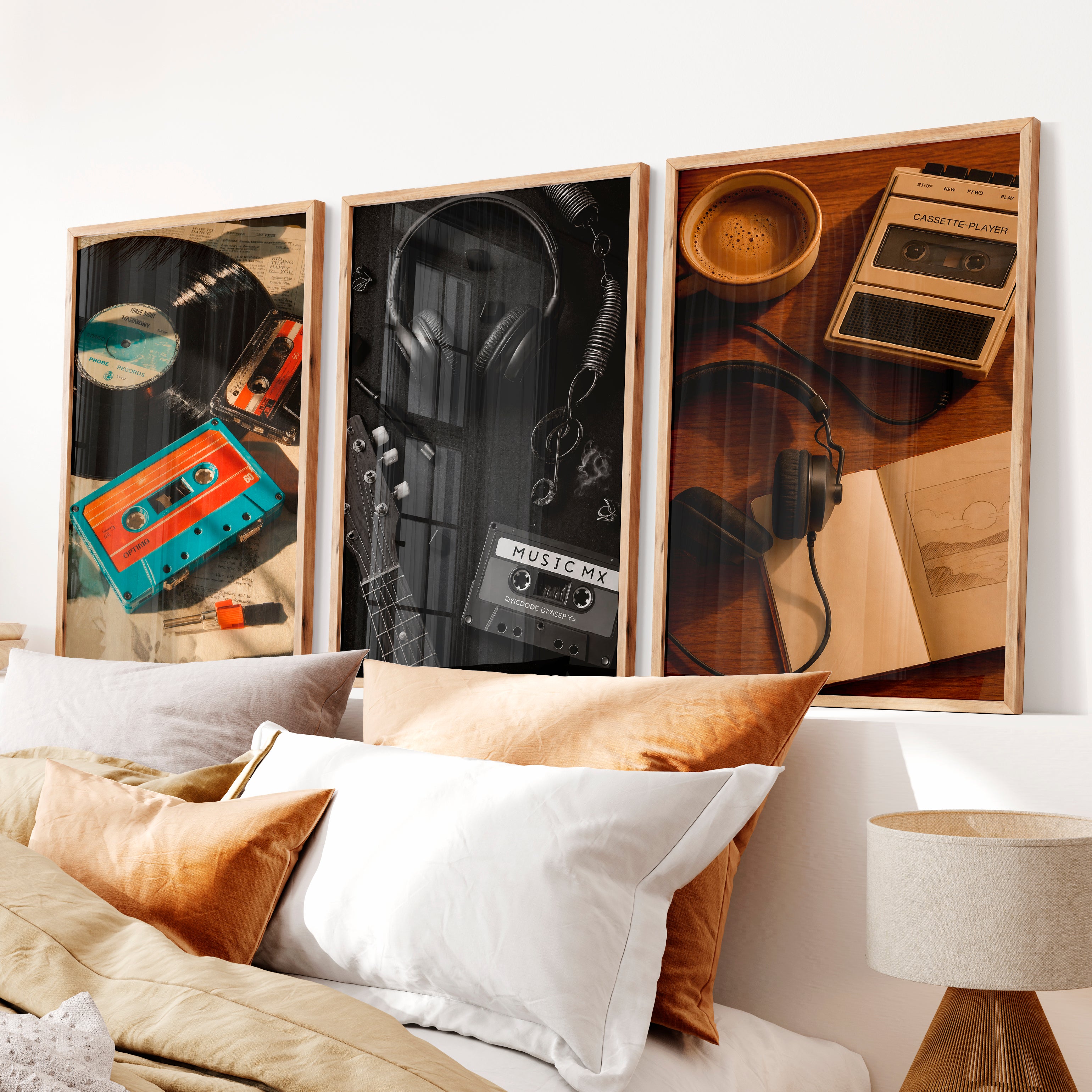 Vintage Wall Art Ideas with Vinyl Records and Cassette Tapes - Natural Wood Framed Poster No Border - Artworksets
