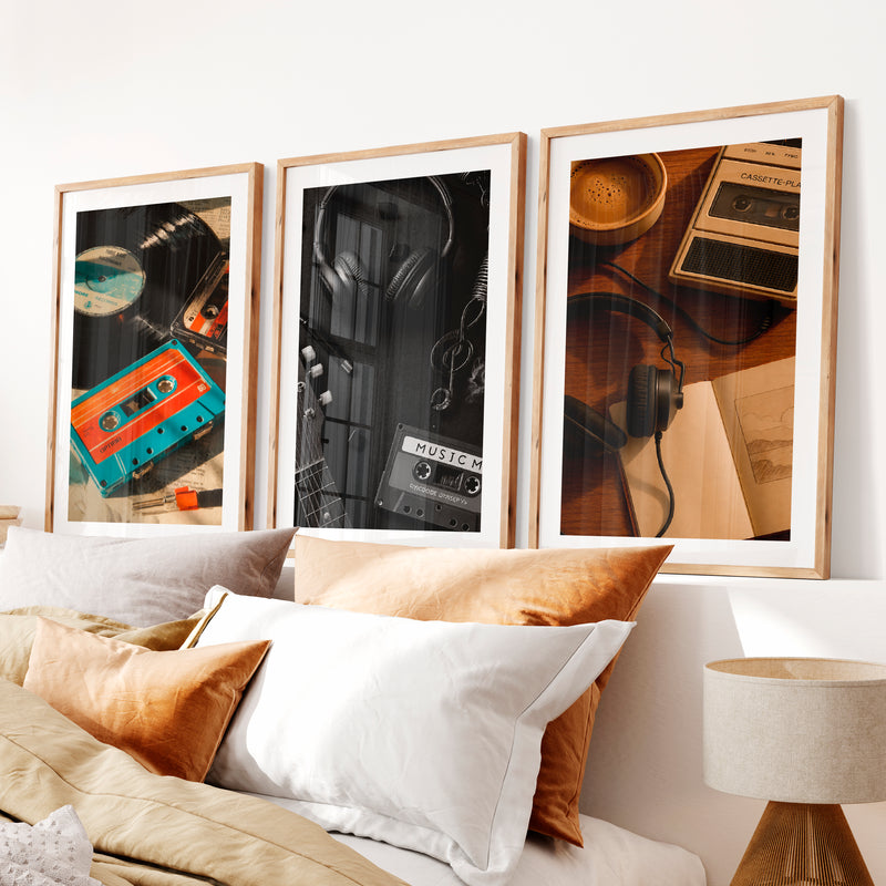 Vintage Wall Art Ideas with Vinyl Records and Cassette Tapes- Natural Wood Framed Poster with White Border - Artworksets