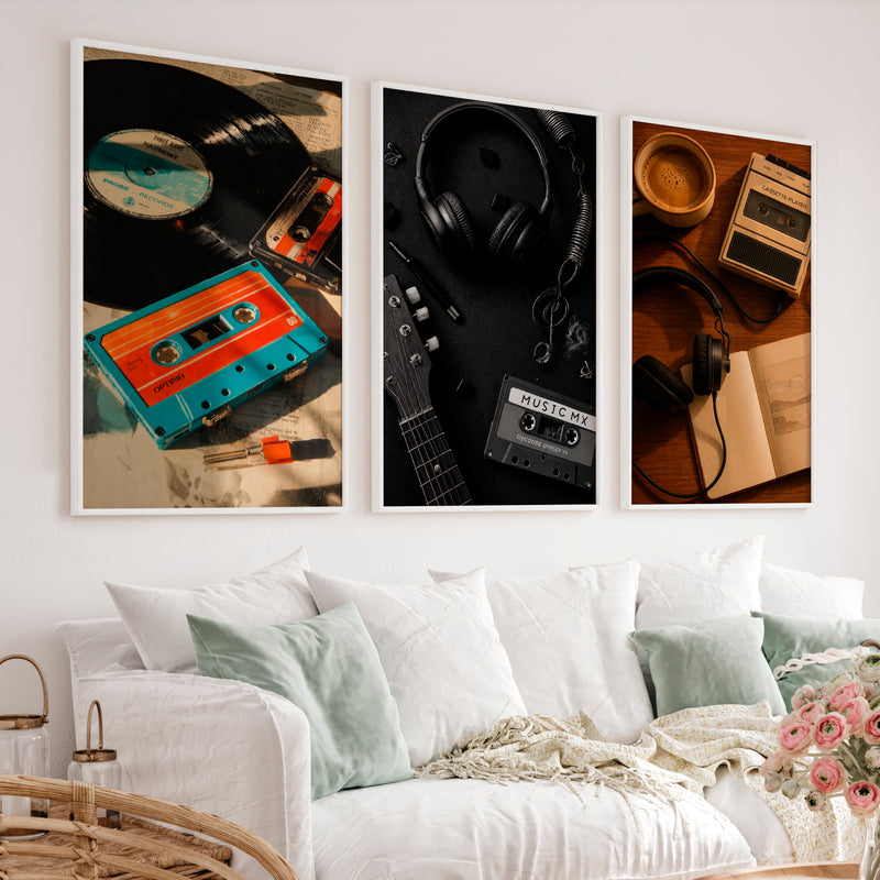 Vintage Wall Art Ideas with Vinyl Records and Cassette Tapes - White Framed Poster No Border - Artworksets