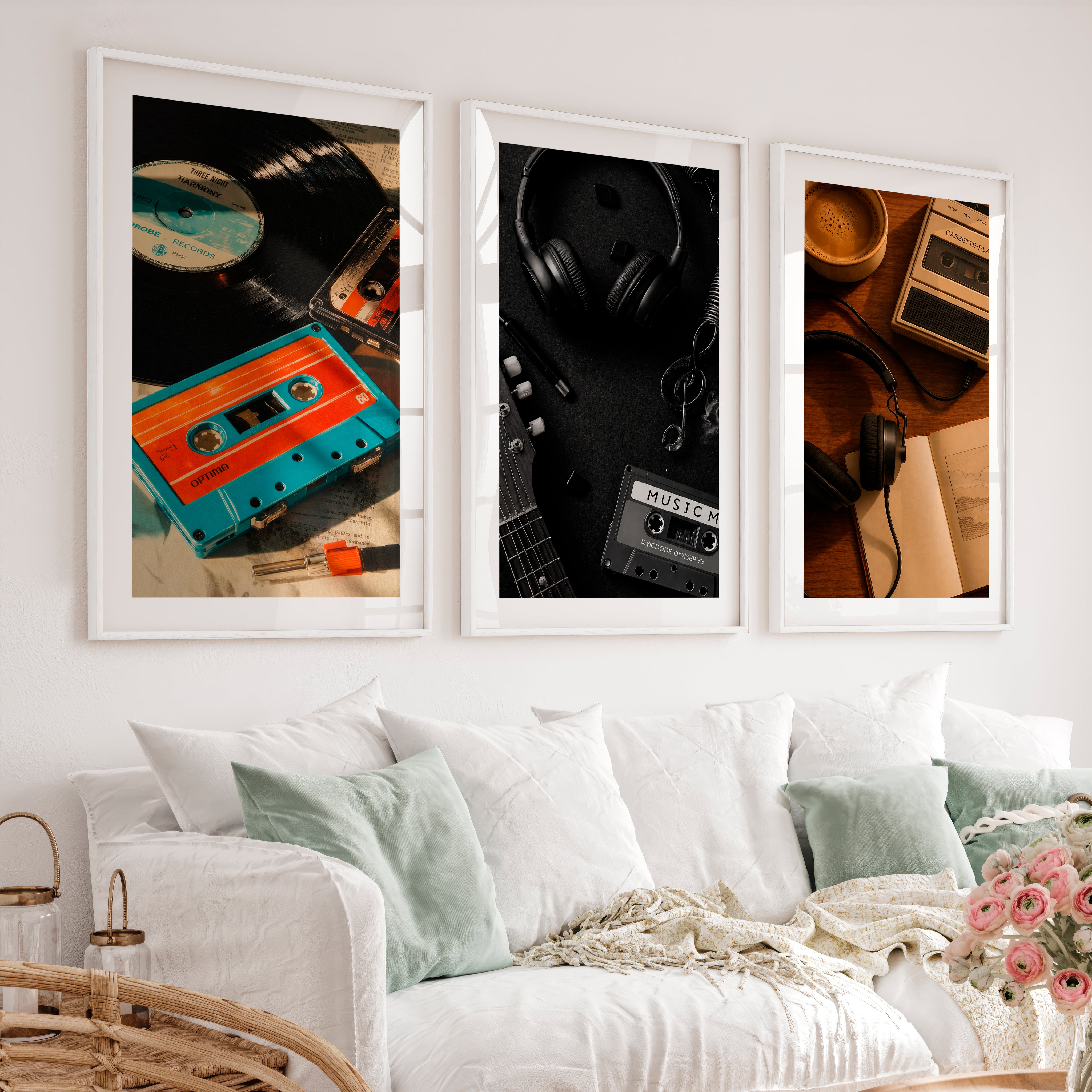 Vintage Wall Art Ideas with Vinyl Records and Cassette Tapes - White Framed Poster with White Border - Artworksets