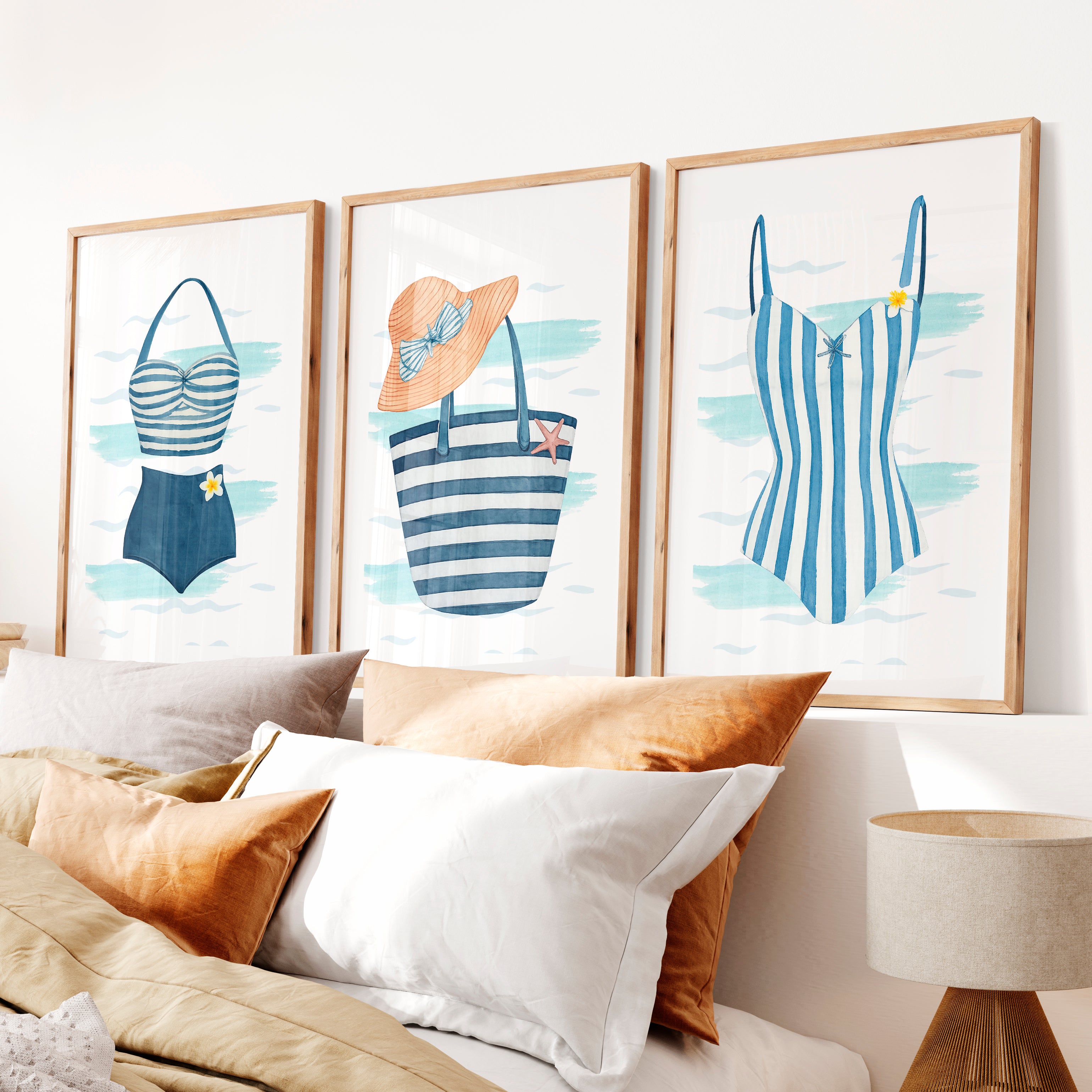 Beach Swimsuit vintage wall art prints- Natural Wood Framed Poster with White Border - Artworksets