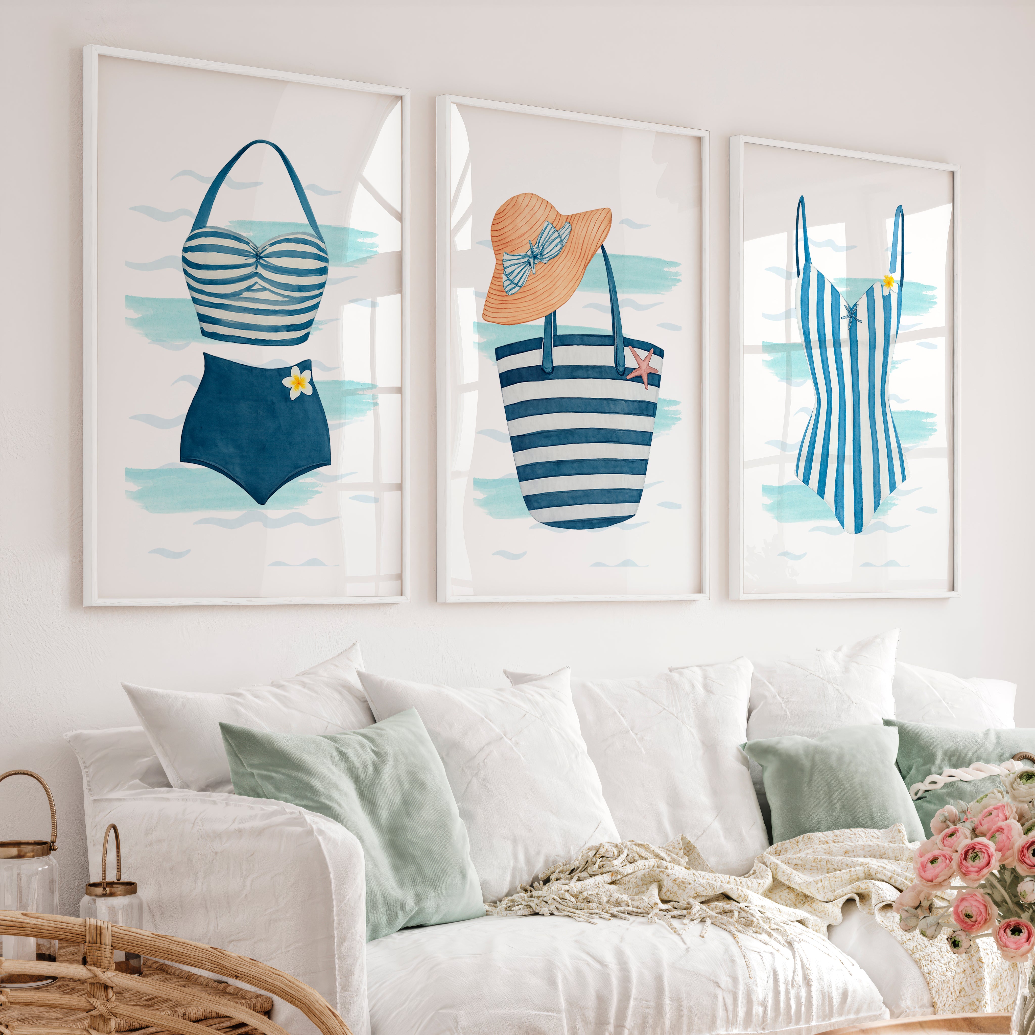 Beach Swimsuit vintage wall art prints - White Framed Poster with White Border - Artworksets