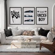 Vintage Wall Art Featuring Formula Race Cars - Black Framed Poster with White Border - Artworksets