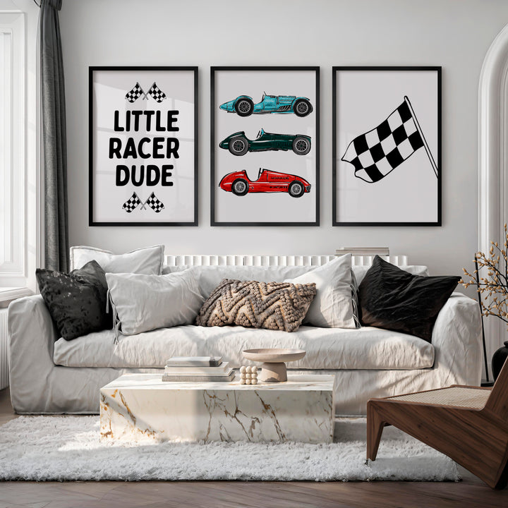 Whimsical vintage wall art with classic race cars - Black Framed Poster No Border - Artworksets