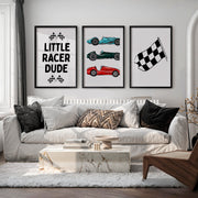 Whimsical vintage wall art with classic race cars - Black Framed Poster with White Border - Artworksets