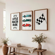 Whimsical vintage wall art with classic race cars - Dark Brown Framed Poster No Border - Artworksets