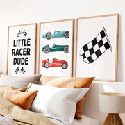 Whimsical vintage wall art with classic race cars- Natural Wood Framed Poster with White Border - Artworksets