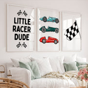 Whimsical vintage wall art with classic race cars - White Framed Poster No Border - Artworksets