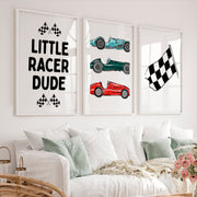 Whimsical vintage wall art with classic race cars - White Framed Poster with White Border - Artworksets