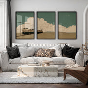 Tranquil vintage wall art with train and clouds triptych - Black Framed Poster No Border - Artworksets