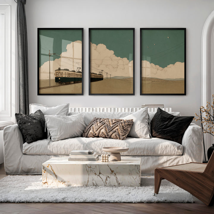 Tranquil vintage wall art with train and clouds triptych - Black Framed Poster No Border - Artworksets