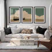 Tranquil vintage wall art with train and clouds triptych - Black Framed Poster with White Border - Artworksets