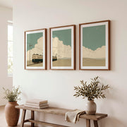 Tranquil vintage wall art with train and clouds triptych - Dark Brown Framed Poster with White Border - Artworksets