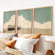 Tranquil vintage wall art with train and clouds triptych - Natural Wood Framed Poster No Border - Artworksets