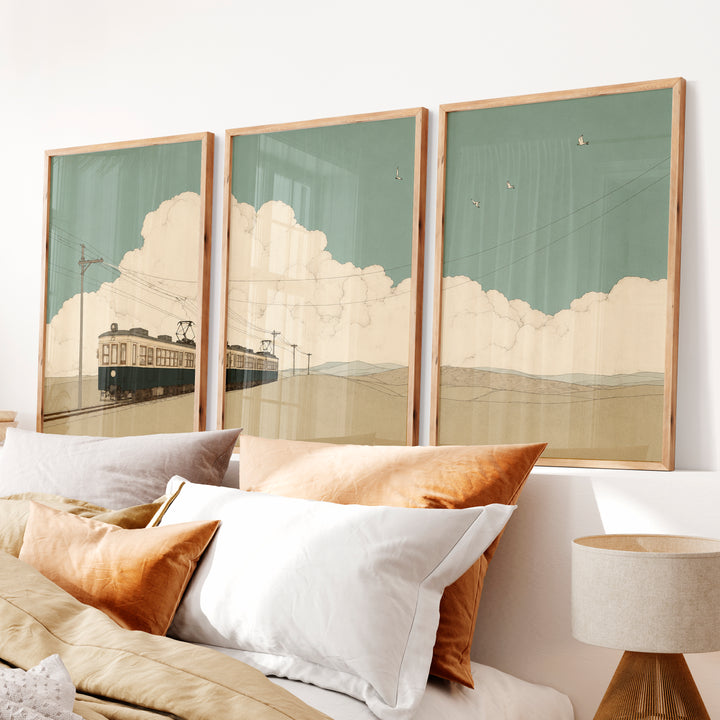 Tranquil vintage wall art with train and clouds triptych - Natural Wood Framed Poster No Border - Artworksets