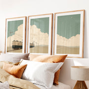 Tranquil vintage wall art with train and clouds triptych- Natural Wood Framed Poster with White Border - Artworksets