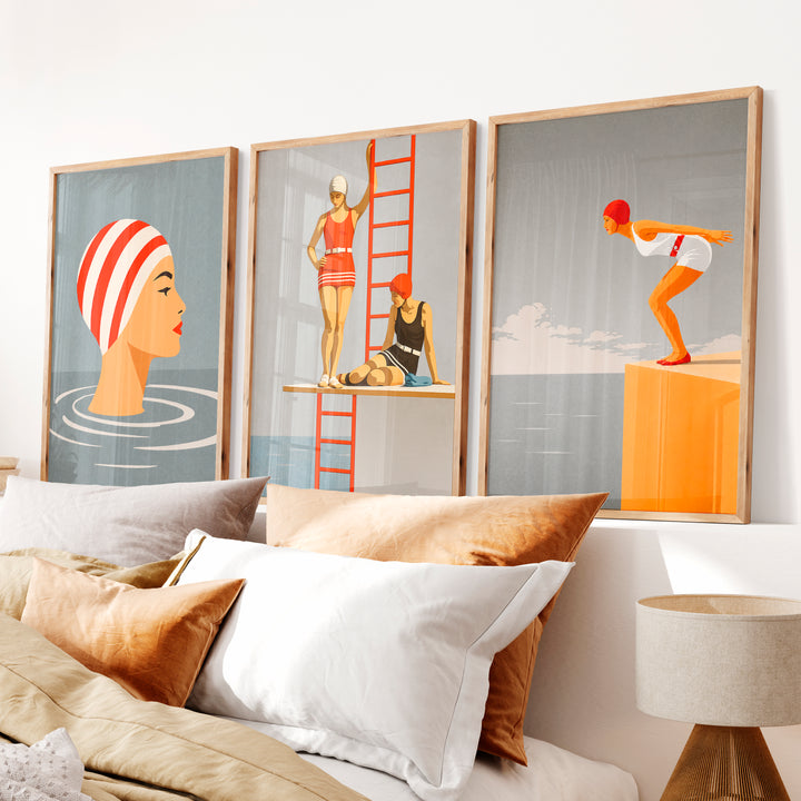 Poolside Swimmer vintage wall decor - Natural Wood Framed Poster No Border - Artworksets