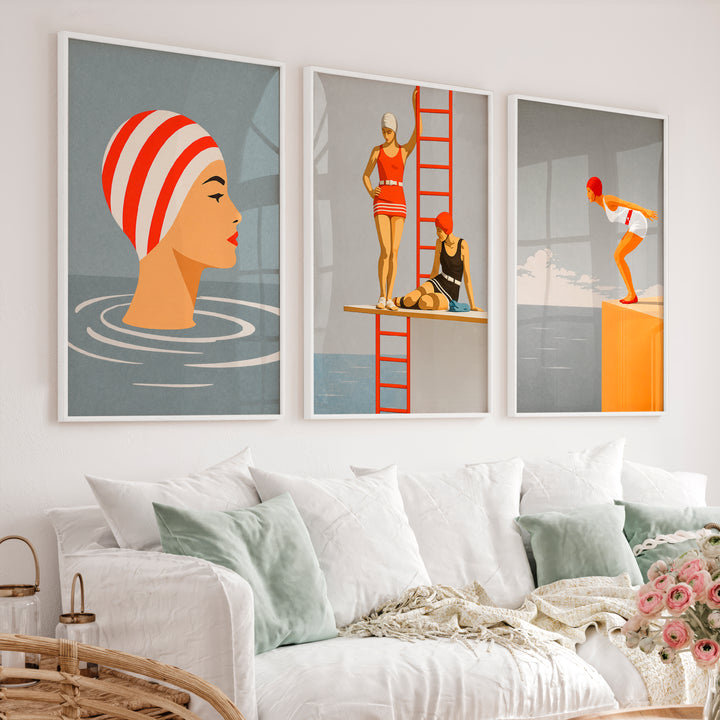 Poolside Swimmer vintage wall decor - White Framed Poster No Border - Artworksets
