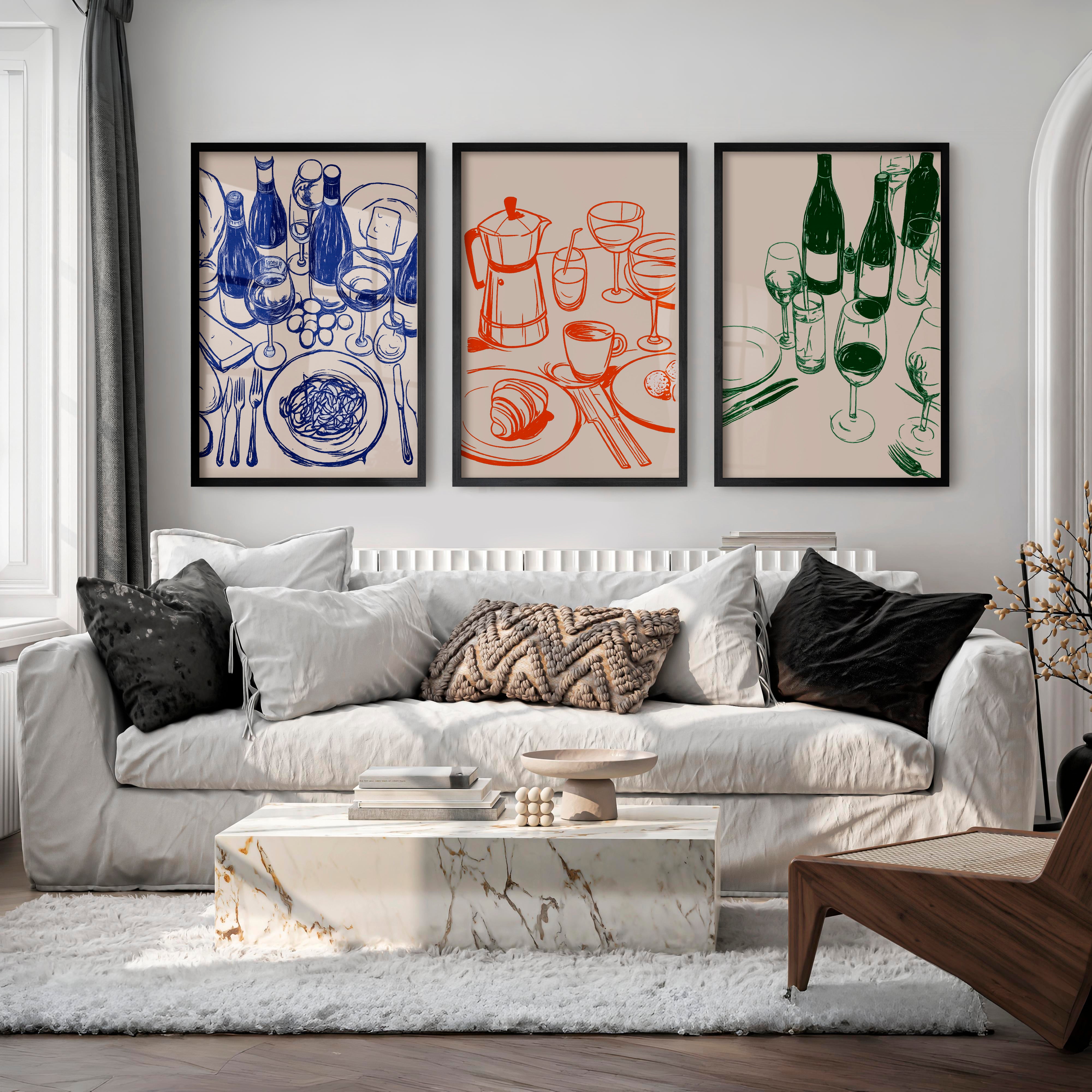 Cafe Table Sketch Vintage Wall Picture - Black Framed Poster No Border - Artworksets