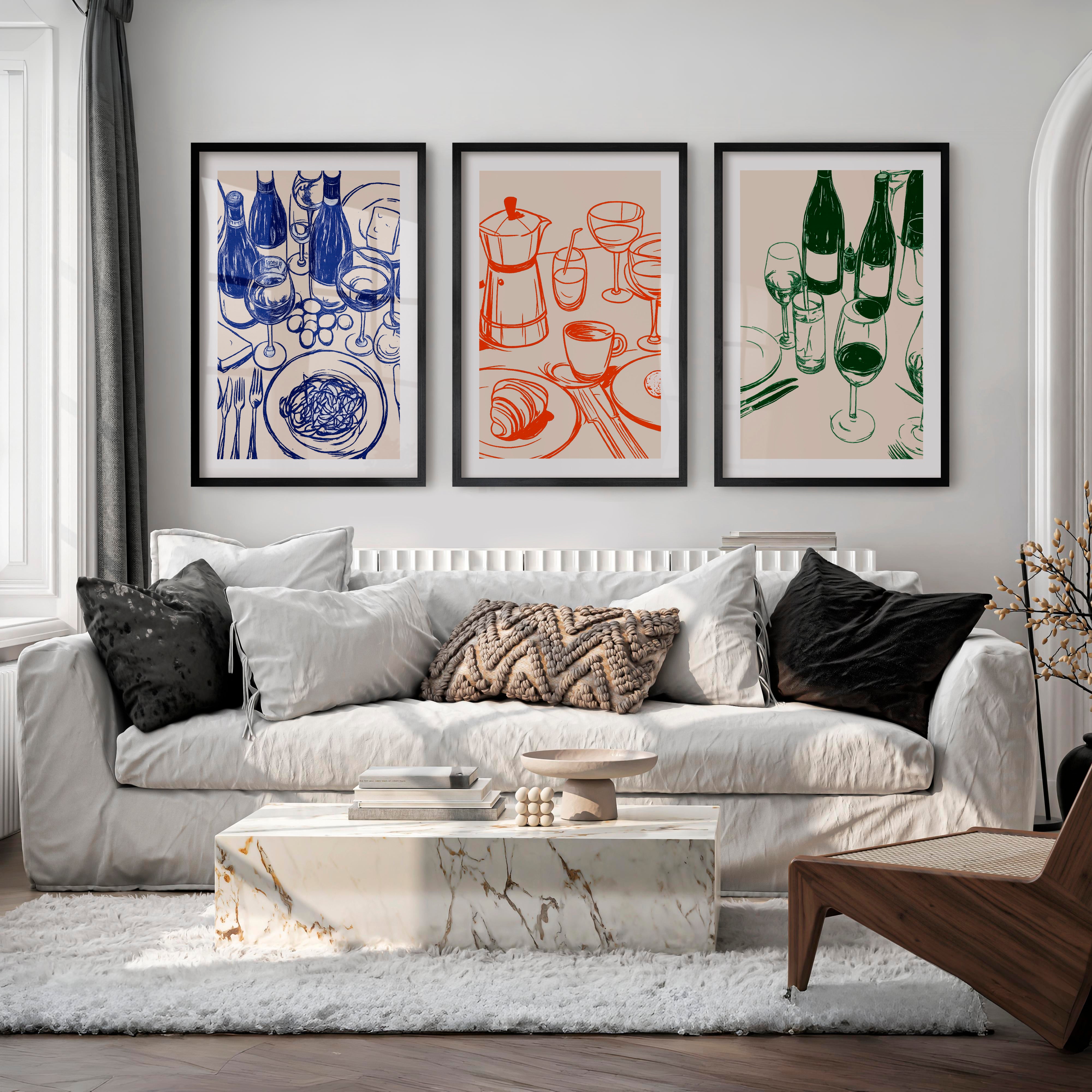 Cafe Table Sketch Vintage Wall Picture - Black Framed Poster with White Border - Artworksets