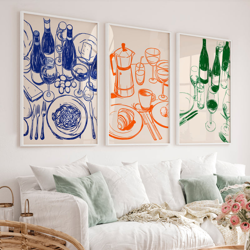 Cafe Table Sketch Vintage Wall Picture - White Framed Poster No Border - Artworksets