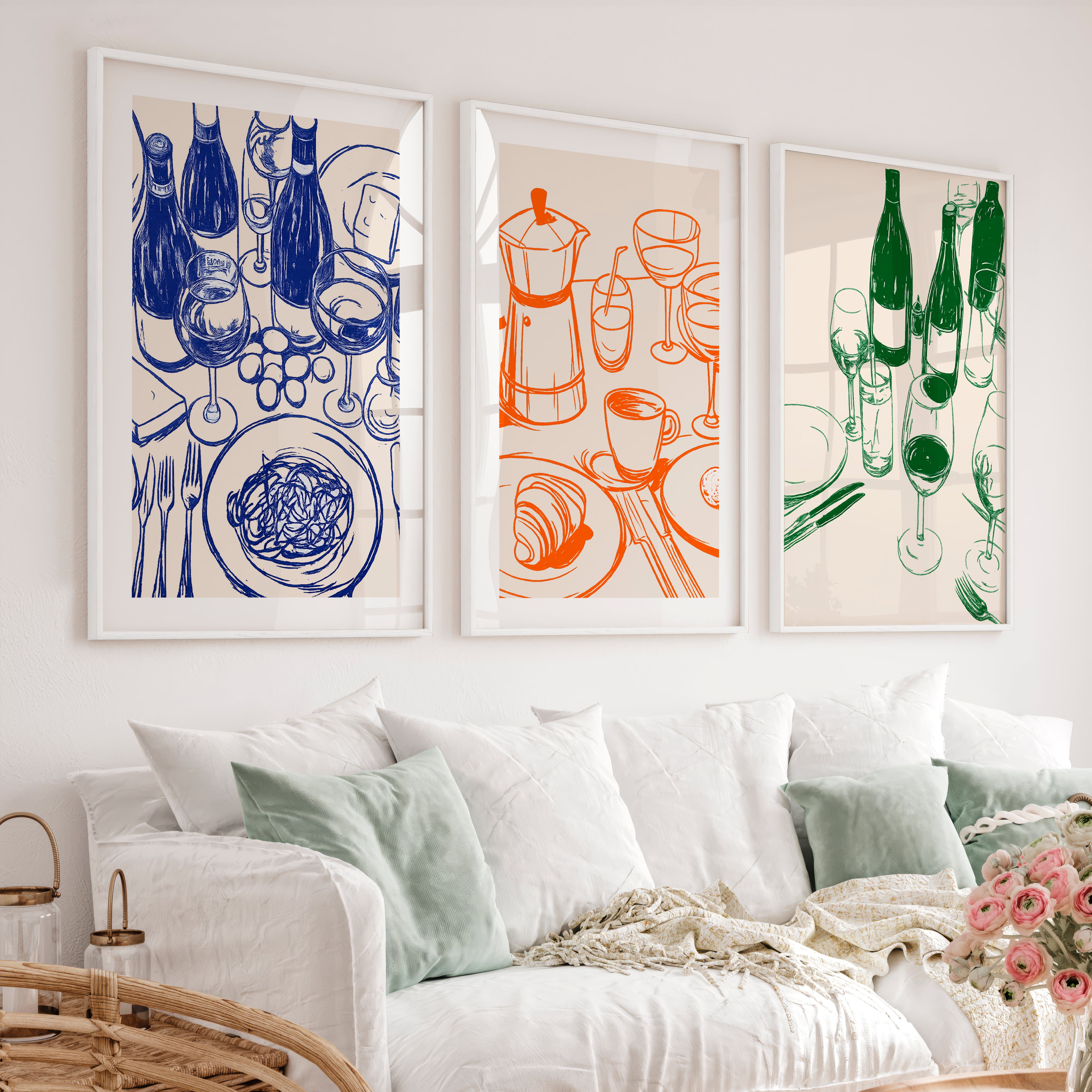 Cafe Table Sketch Vintage Wall Picture - White Framed Poster with White Border - Artworksets