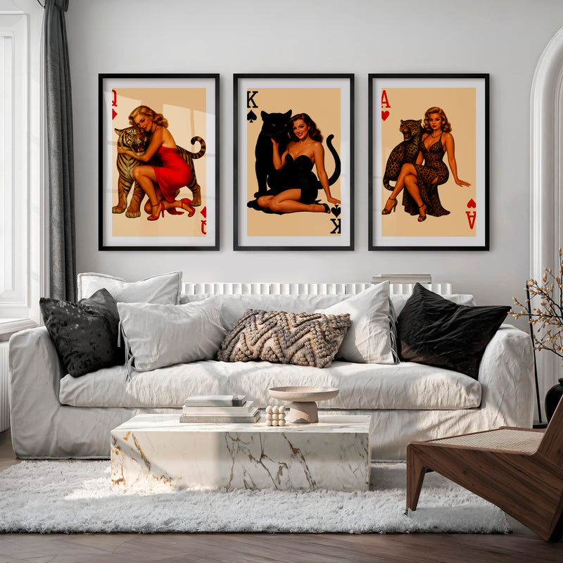 Pinup Card Queens Vintage Wall Posters with Big Cats - Black Framed Poster with White Border - Artworksets