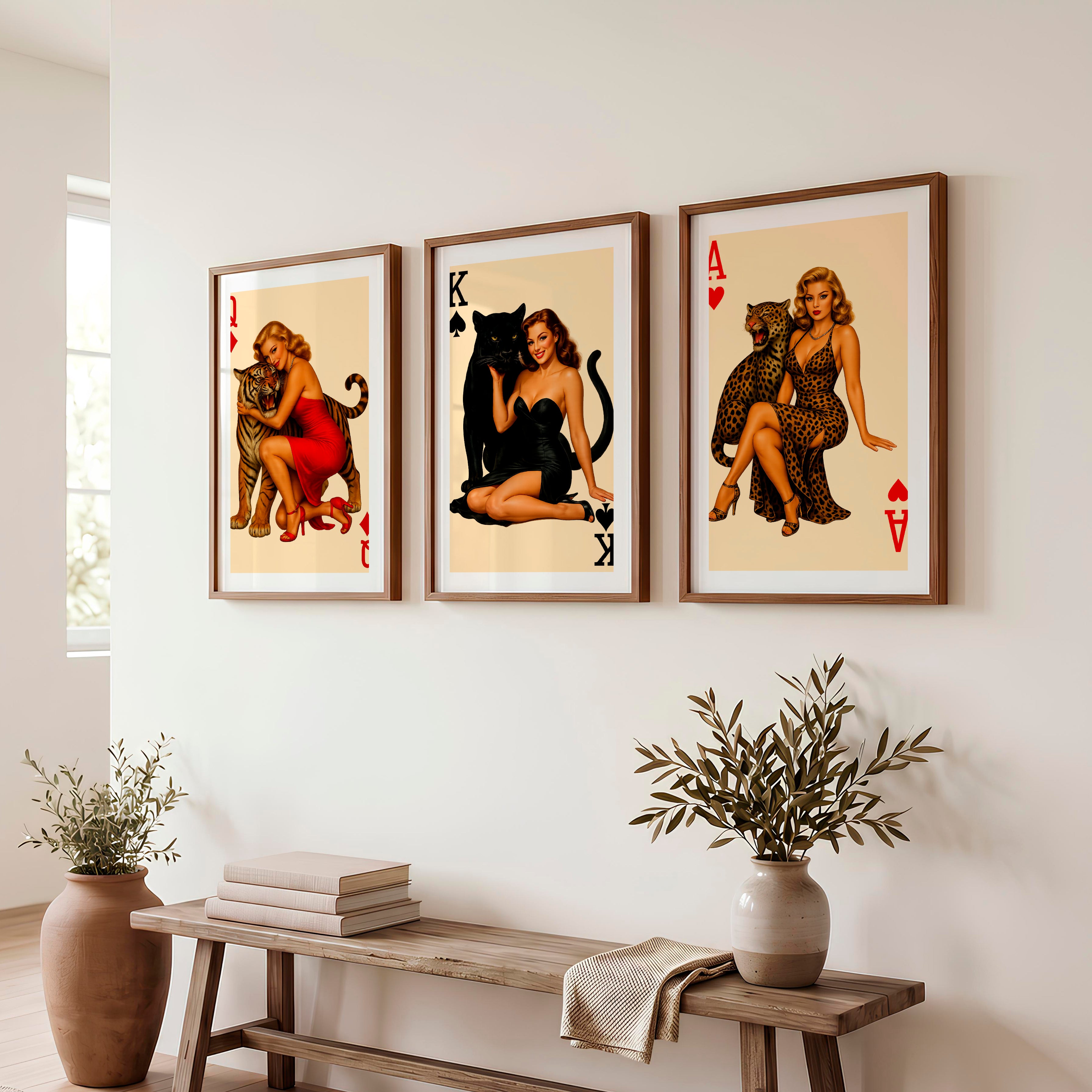 Pinup Card Queens Vintage Wall Posters with Big Cats - Dark Brown Framed Poster with White Border - Artworksets