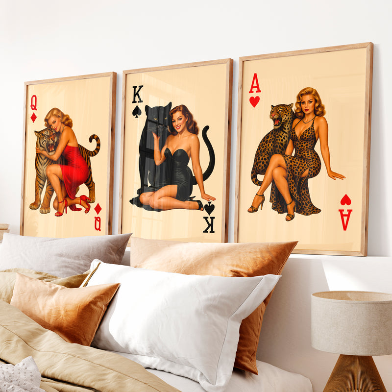 Pinup Card Queens Vintage Wall Posters with Big Cats - Natural Wood Framed Poster No Border - Artworksets