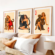 Pinup Card Queens Vintage Wall Posters with Big Cats- Natural Wood Framed Poster with White Border - Artworksets