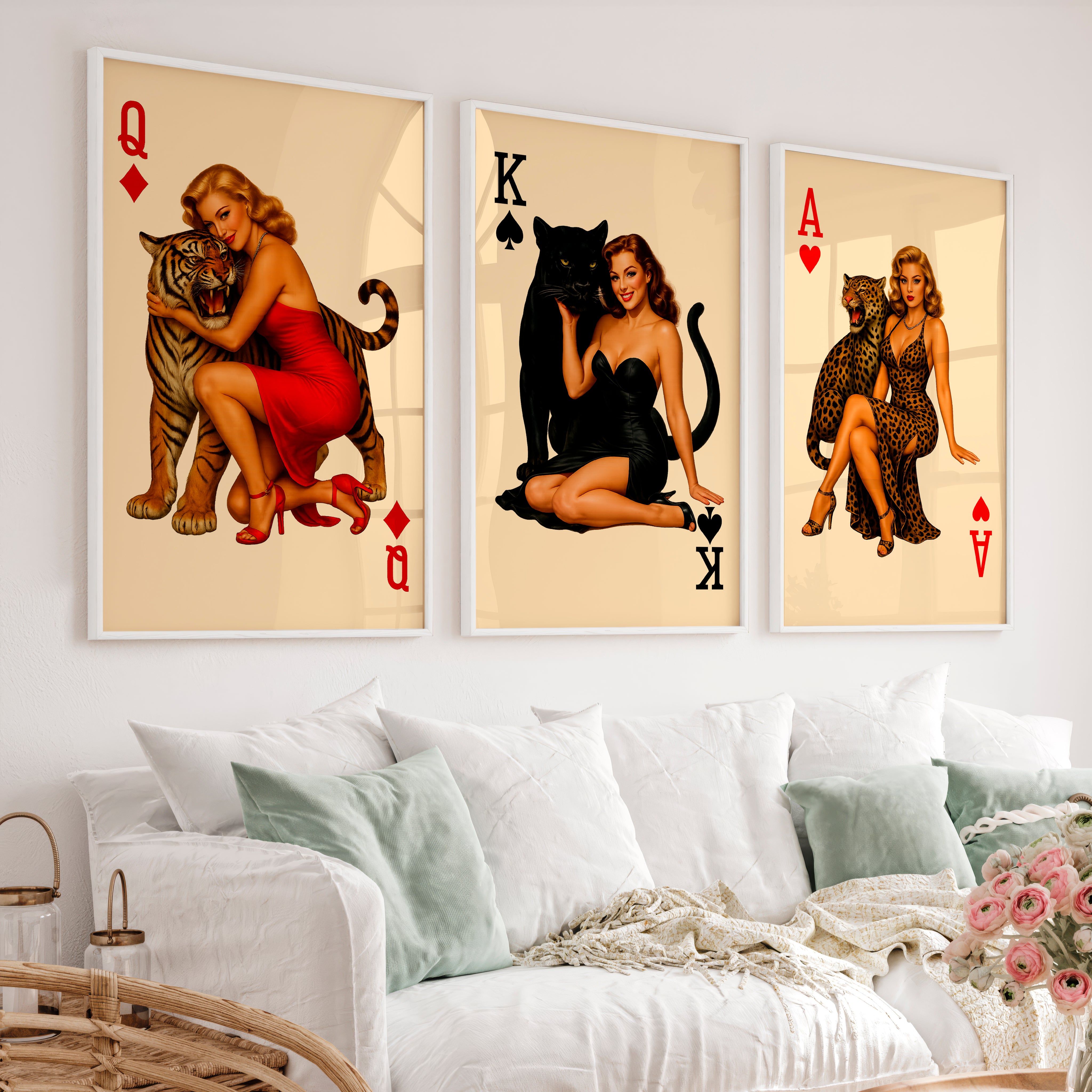 Pinup Card Queens Vintage Wall Posters with Big Cats - White Framed Poster No Border - Artworksets