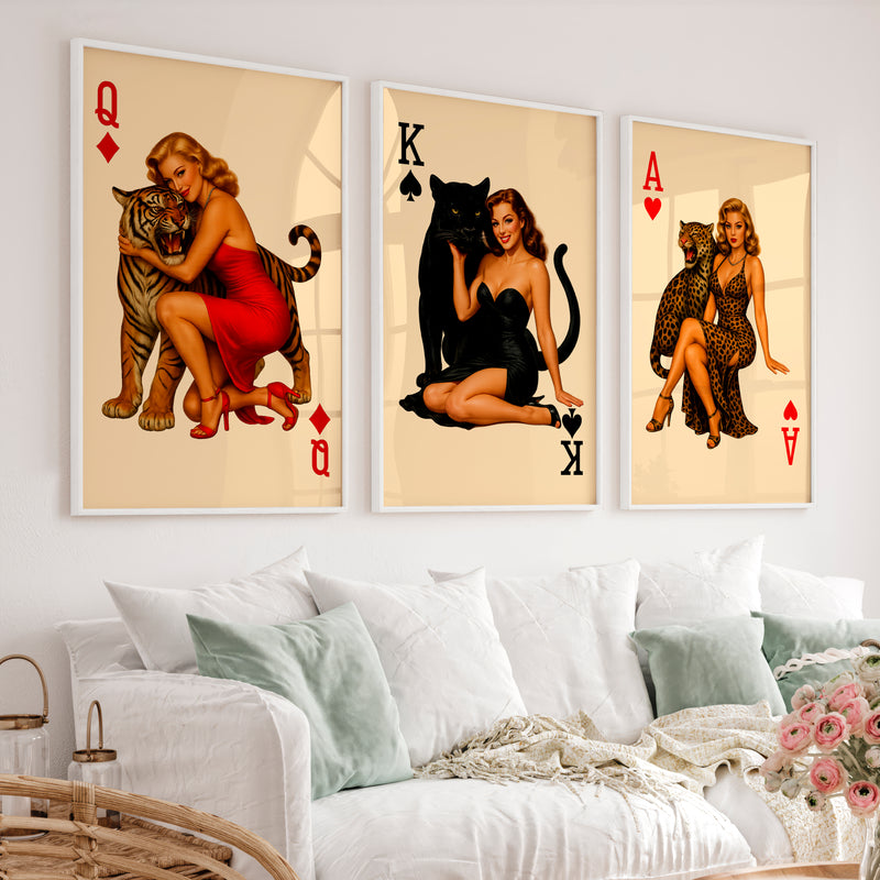 Pinup Card Queens Vintage Wall Posters with Big Cats - White Framed Poster No Border - Artworksets
