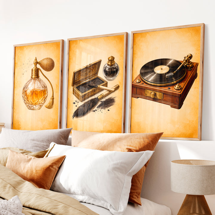 Perfume and Record Player Vintage Wall Prints - Natural Wood Framed Poster No Border - Artworksets