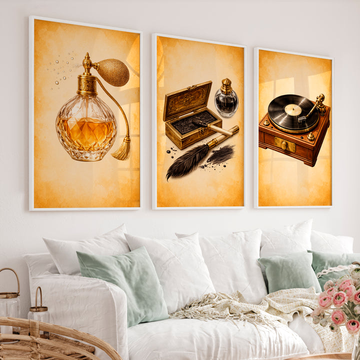 Perfume and Record Player Vintage Wall Prints - White Framed Poster No Border - Artworksets