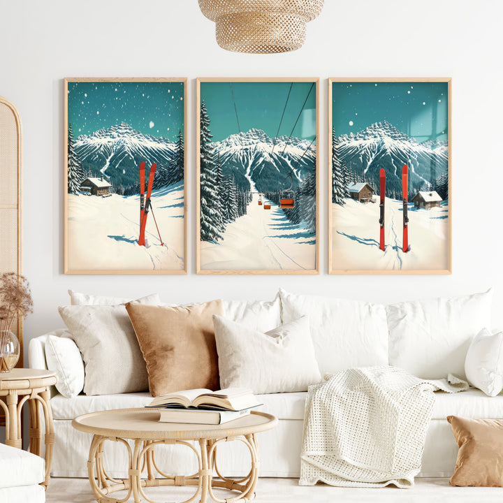 Vintage Winter Landscape Ski Wall Art Decor Print - Natural Wood Framed Poster No Border - Artworksets