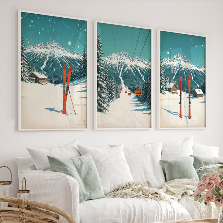 Vintage Winter Landscape Ski Wall Art Decor Print - White Framed Poster No Border - Artworksets