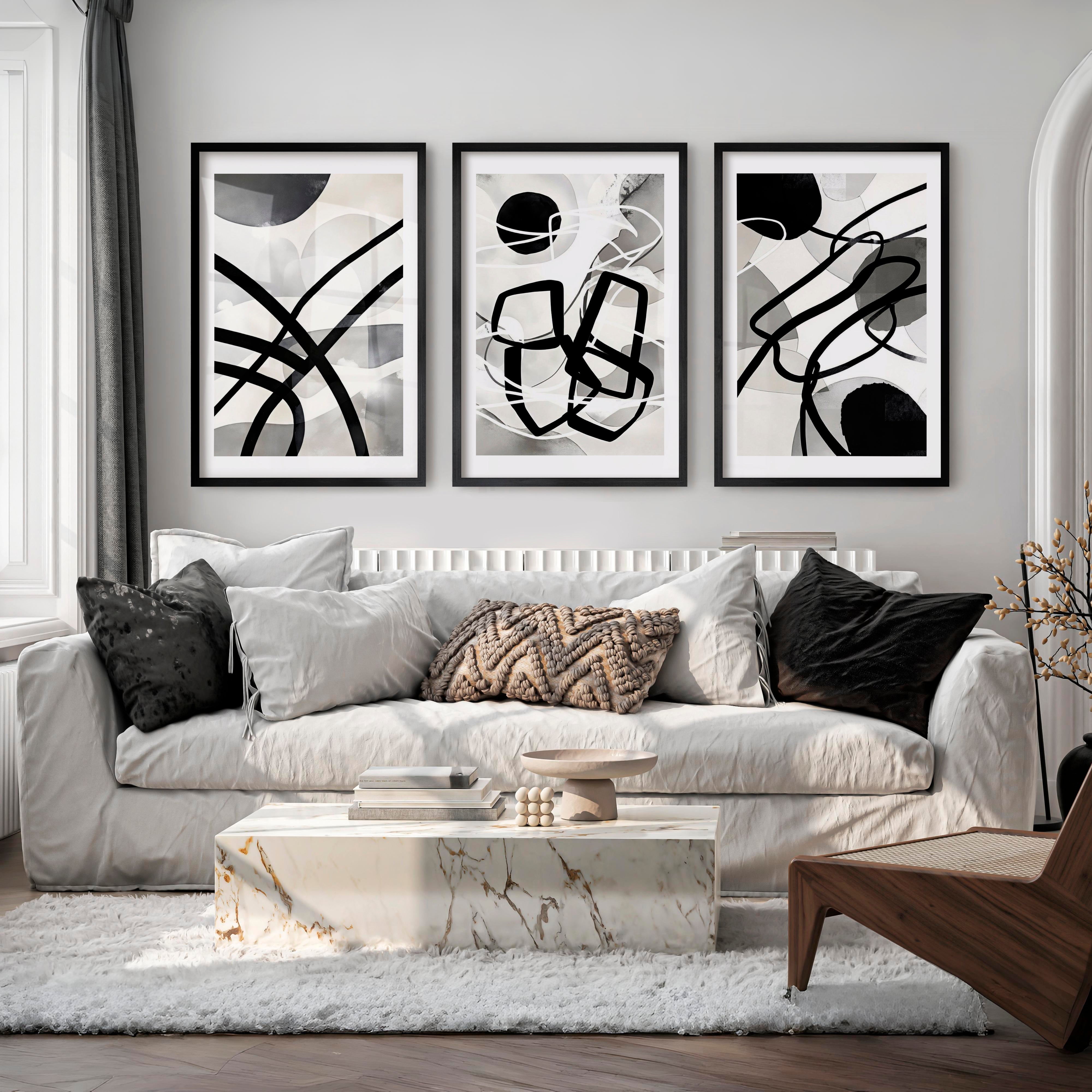Wall Art Abstract Framed Black White Modern Set of 3 - Black Framed Poster No Border - Artworksets