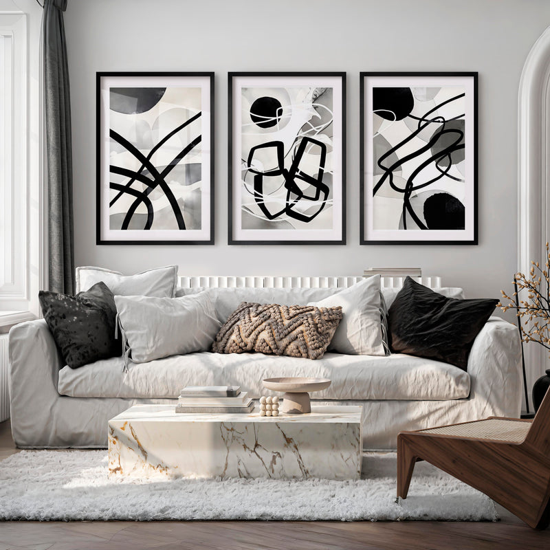 Wall Art Abstract Framed Black White Modern Set of 3 - Black Framed Poster with White Border - Artworksets