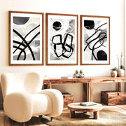 Wall Art Abstract Framed Black White Modern Set of 3 - Dark Brown Framed Poster No Border - Artworksets