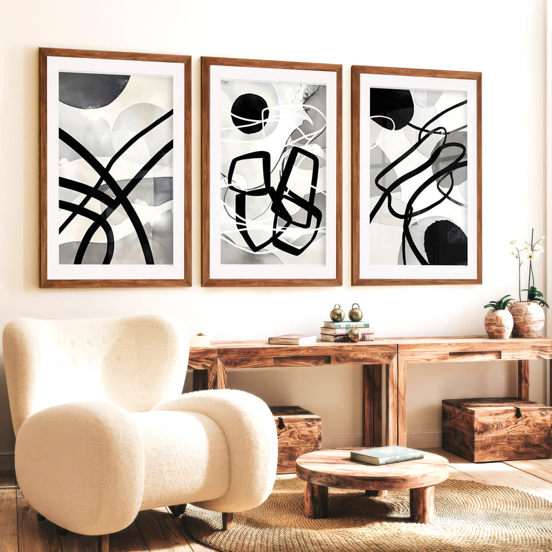 Wall Art Abstract Framed Black White Modern Set of 3 - Dark Brown Framed Poster with White Border - Artworksets