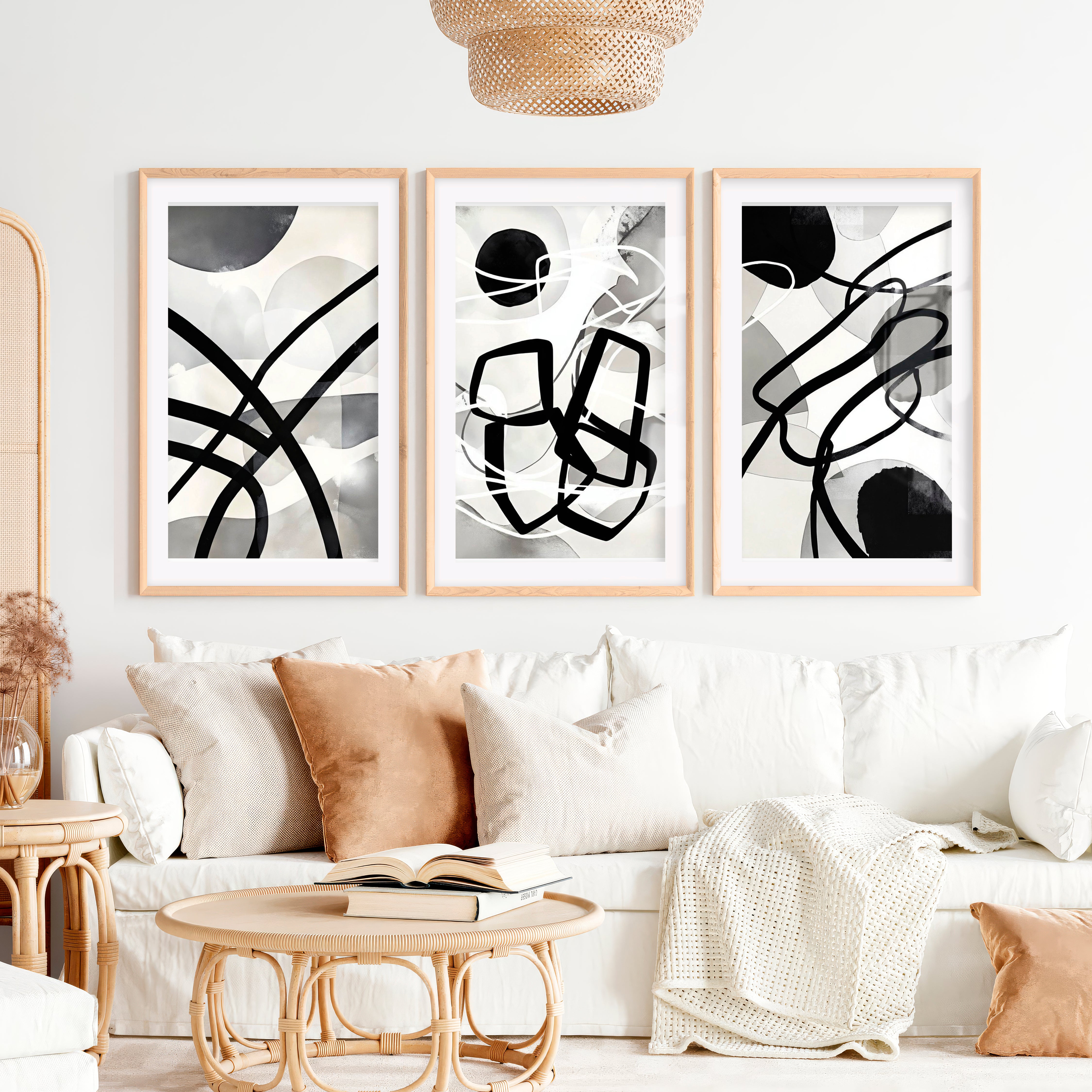 Wall Art Abstract Framed Black White Modern Set of 3- Natural Wood Framed Poster with White Border - Artworksets