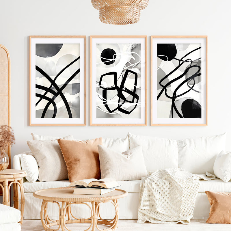 Wall Art Abstract Framed Black White Modern Set of 3- Natural Wood Framed Poster with White Border - Artworksets
