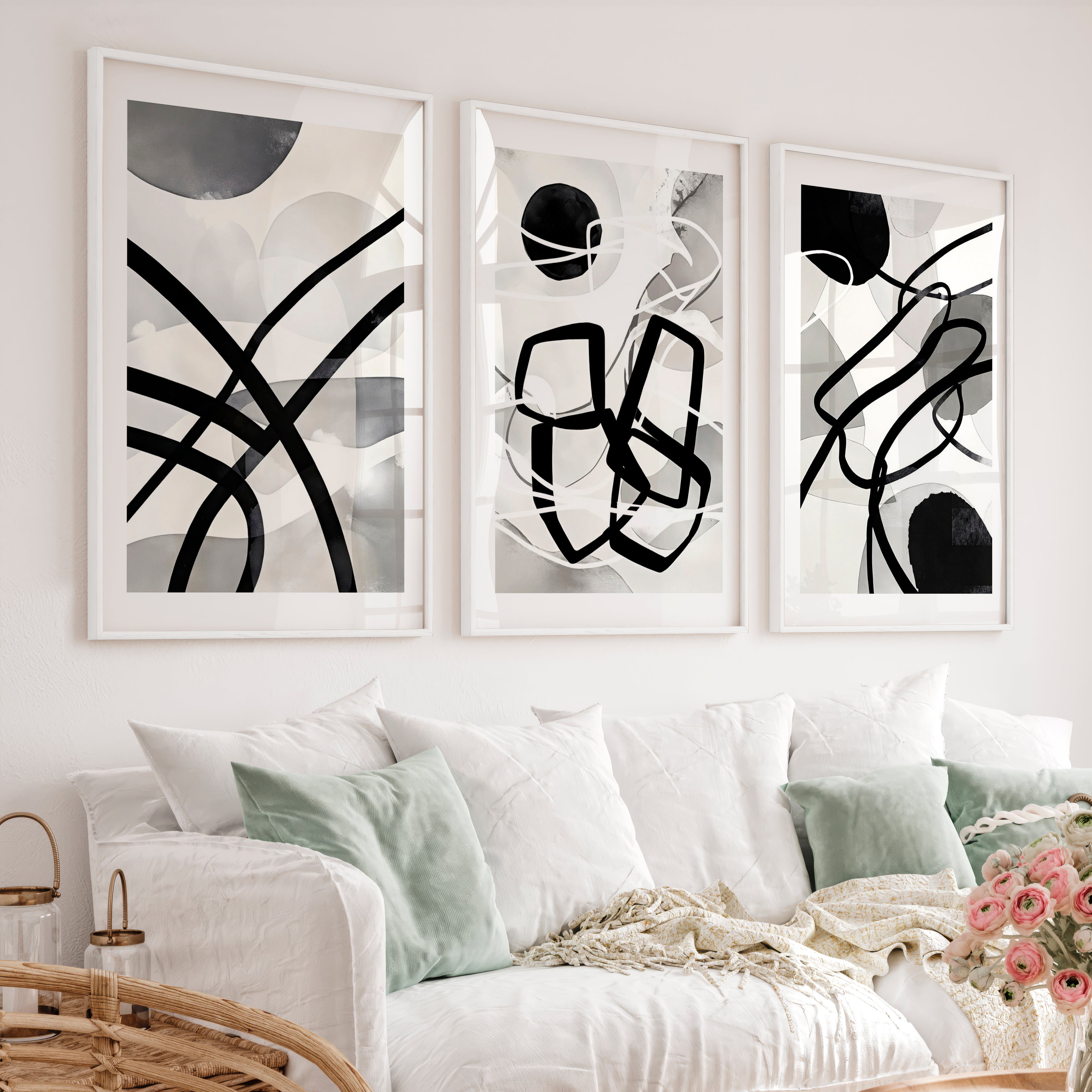 Wall Art Abstract Framed Black White Modern Set of 3 - White Framed Poster No Border - Artworksets