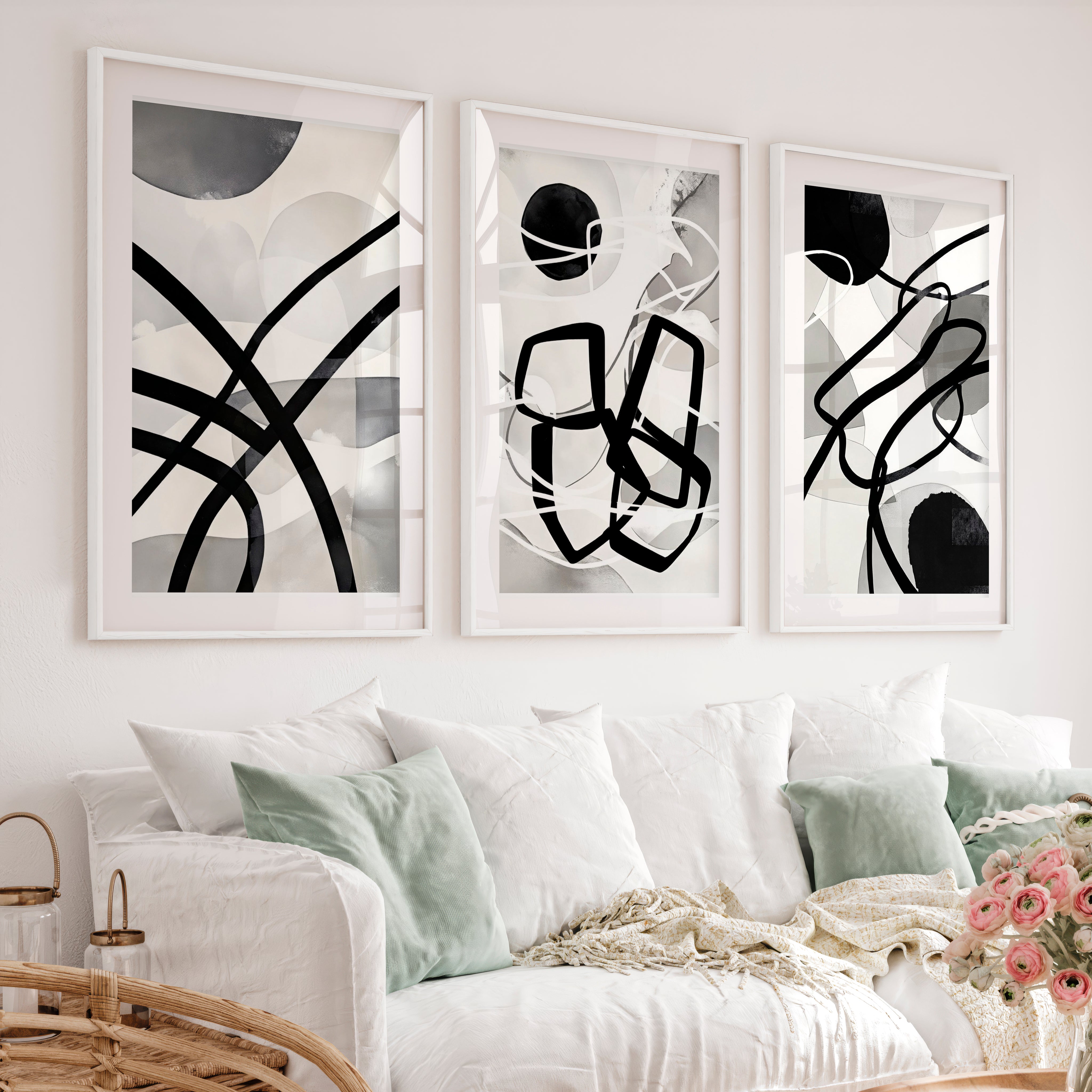 Wall Art Abstract Framed Black White Modern Set of 3 - White Framed Poster with White Border - Artworksets