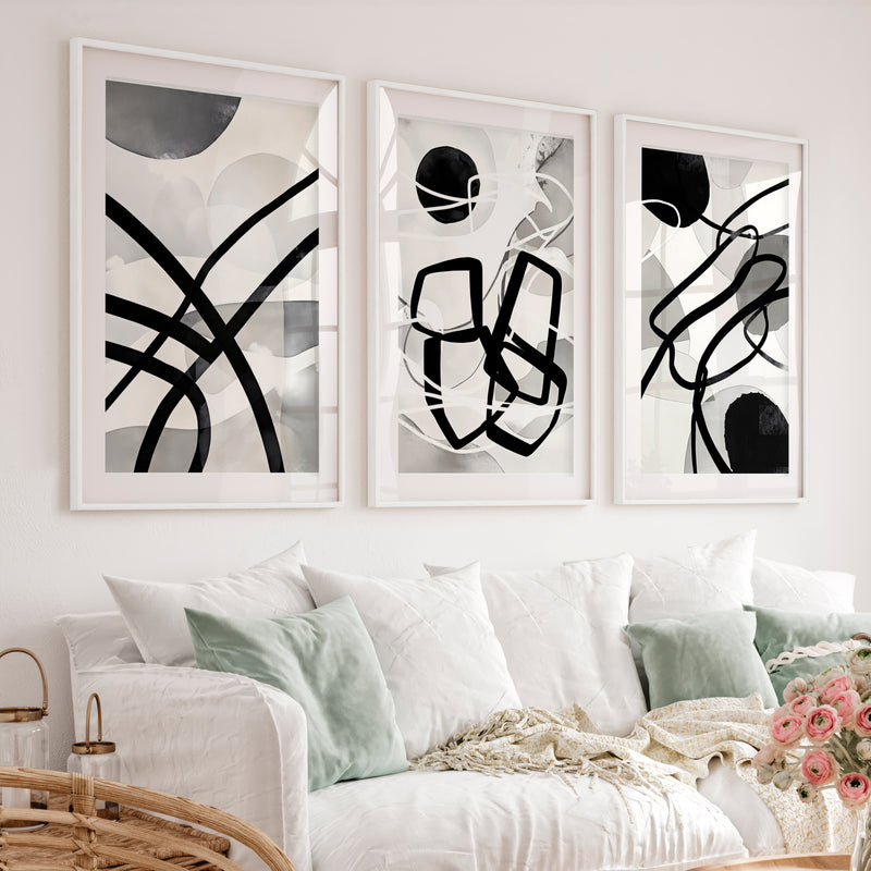 Wall Art Abstract Framed Black White Modern Set of 3 - White Framed Poster with White Border - Artworksets