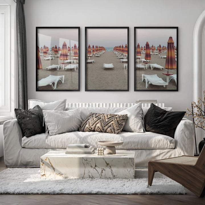 Umbrella Rows to the Shore wall art beach prints - Black Framed Poster No Border - Artworksets