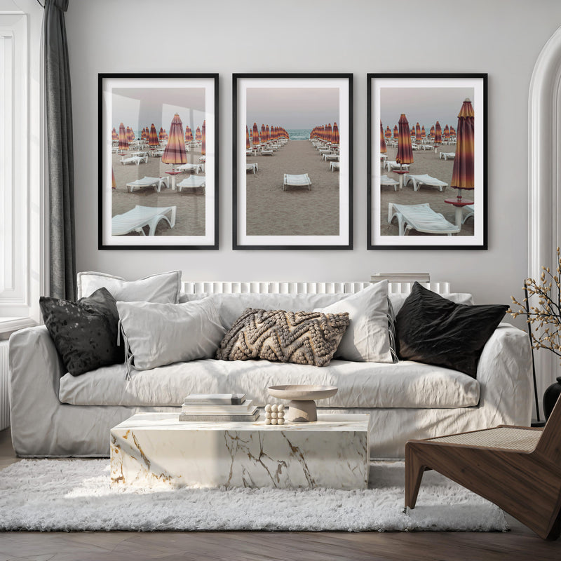 Umbrella Rows to the Shore wall art beach prints - Black Framed Poster with White Border - Artworksets