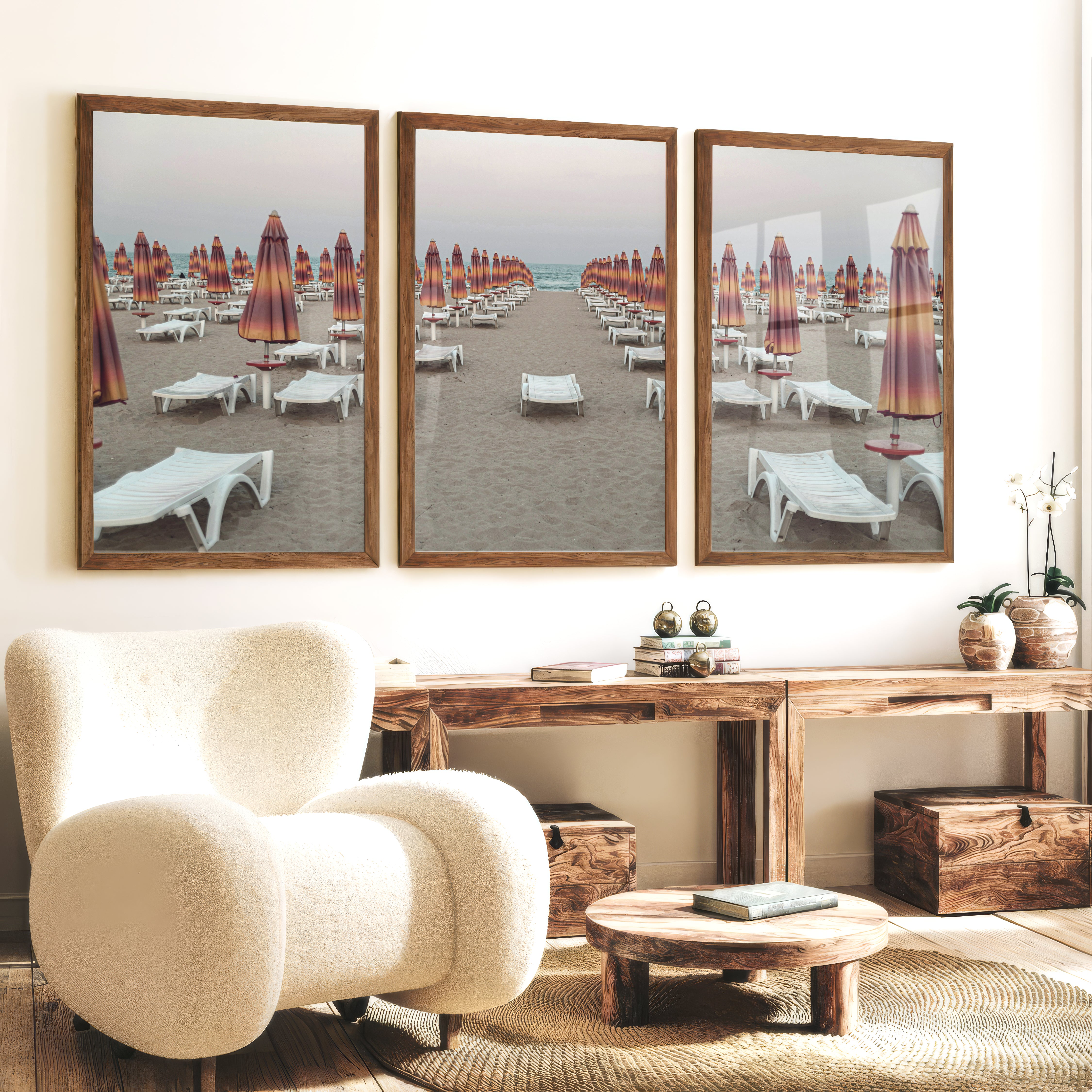Umbrella Rows to the Shore wall art beach prints - Dark Brown Framed Poster No Border - Artworksets