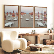 Umbrella Rows to the Shore wall art beach prints - Dark Brown Framed Poster No Border - Artworksets