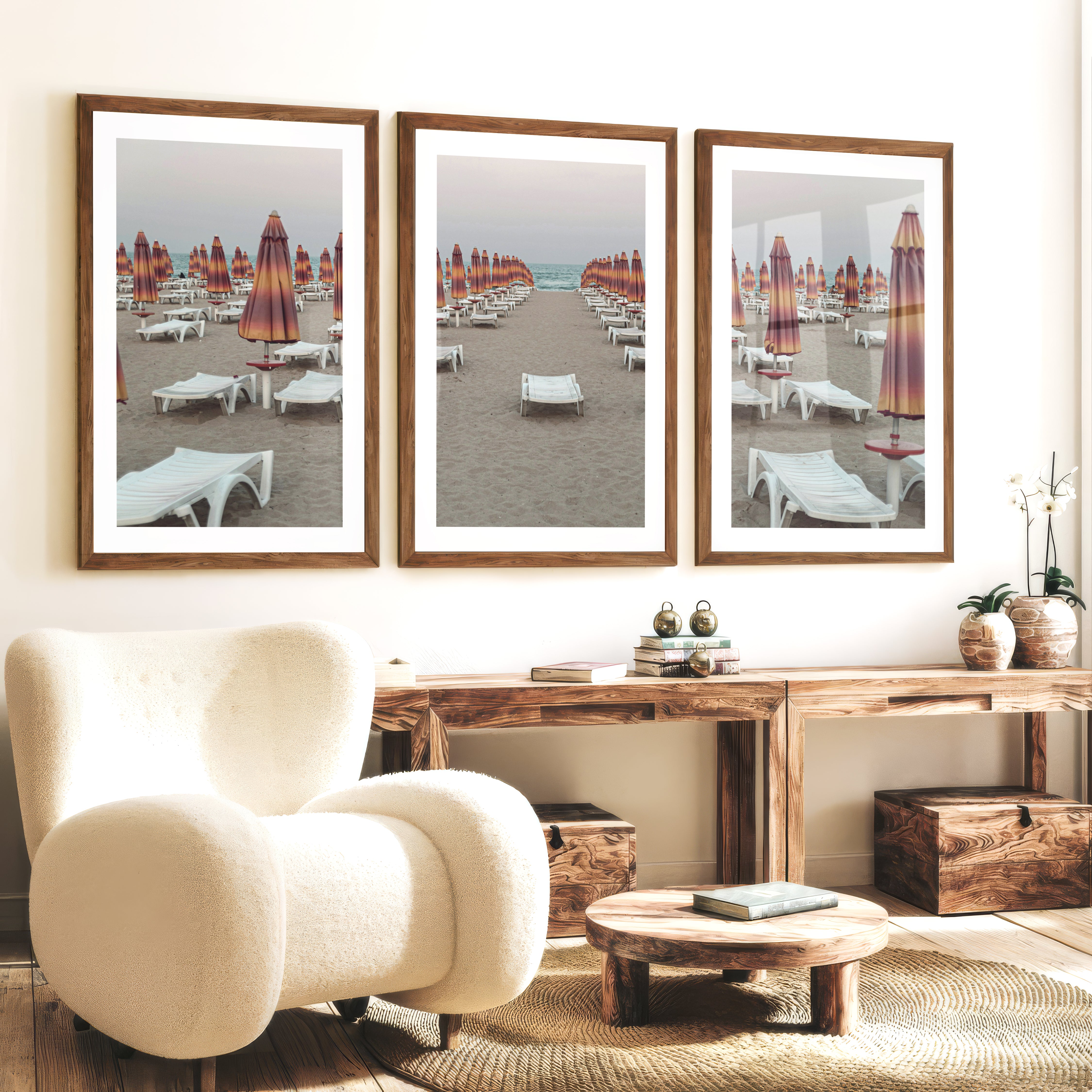 Umbrella Rows to the Shore wall art beach prints - Dark Brown Framed Poster with White Border - Artworksets